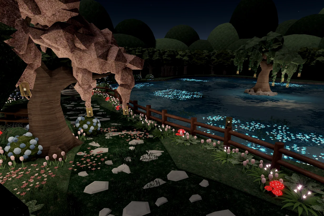 A nighttime garden pool build with trees, flowers, path stones, and water in Blueprint.